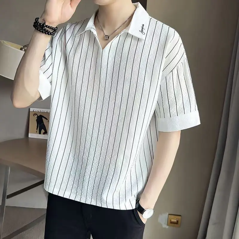 Striped Short-sleeved T-shirt Men's Summer Thin Fashion Brand Handsome Ice Silk V-neck Casual Half-sleeved Lapel Polo Shirt