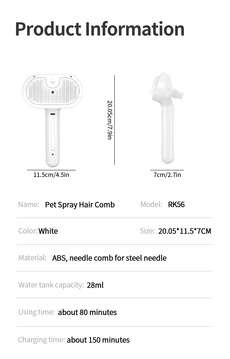 ROJECO Haustier Spray Haar Kamm Professionelle Elektrische Haarglätter Kamm Bürste Für Katze Haustier Massage Kamm Dampf Pinsel Für Haarpflege – Detail 14