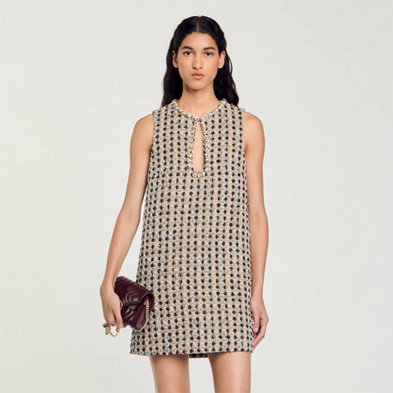 

S Home Early Autumn New Women's Hollow out ort Svel Dr Diamond Decoration A-Line Skirt Polyester Fiber round Ne