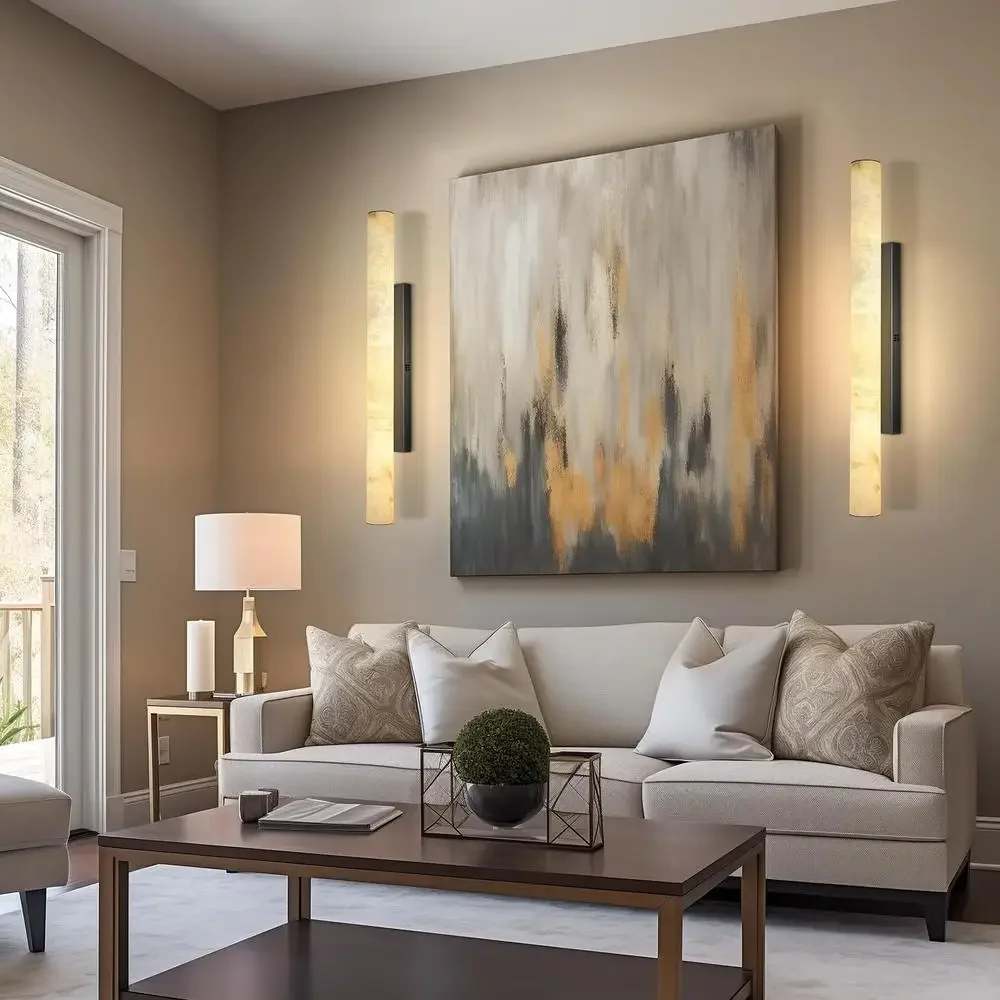 Alabaster Wall Sconce 36" Large Bronze Modern Lighting Natural Marble Decorative Fixture LED Stepless Dimming Home Living Room
