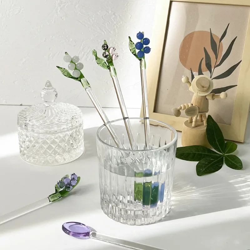 1 Piece Creative Lily of the Valley Head Coffee Spoon Colourful Transparent Glass Stir Spoon 18cm Long Handle Spoon