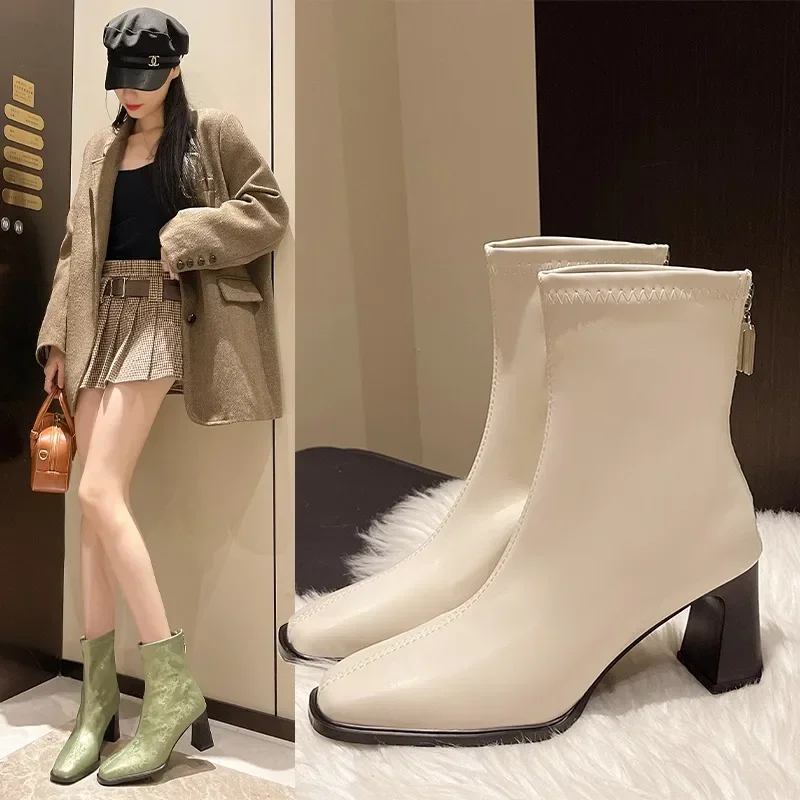 

Square Toe Women Ankle Boots Thin Mid Heels Beiga/red/green Back Zipper Dress Sock Boots Woman Size 35-42 Botines Para Mujeres