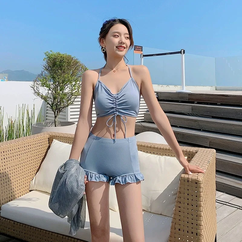 Costume da bagno donna stile coreano 3 pezzi Bikini a vita alta pantaloncini solidi costume da bagno Slim costume da bagno estivo Beachwear costume