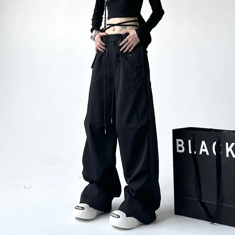 HOUZHOU Y2K Parachute Cargo Pants Woman Sweatpants Streetwear Hip Hop Black Trousers Oversized Korean Wide Leg Sportswear