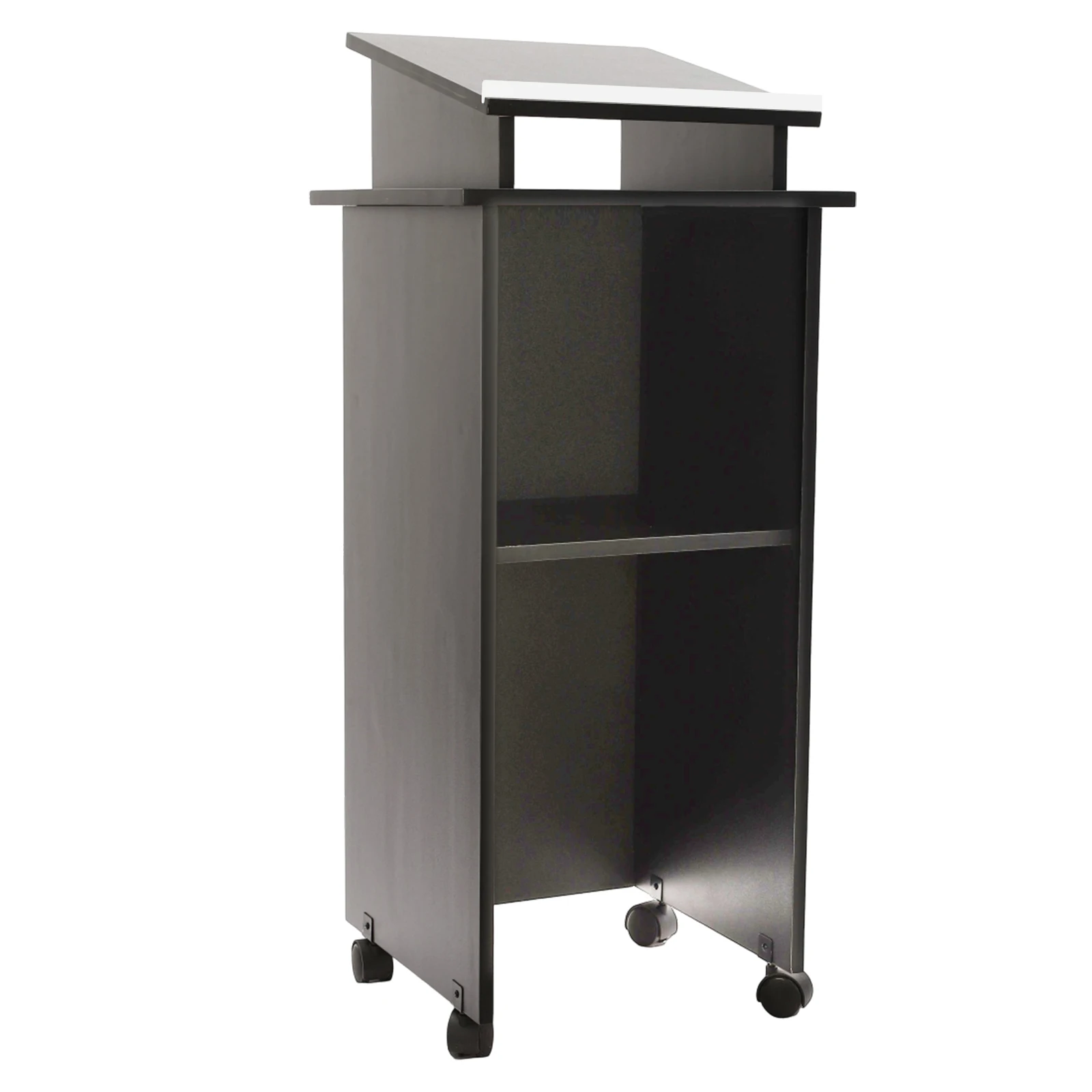Mobile Presentation Stand 44in Height, Wooden Display Easel with 2-Tier Platform & 4 Wheels, 44lbs Load Capacity for Classroom Conference Office (Black)