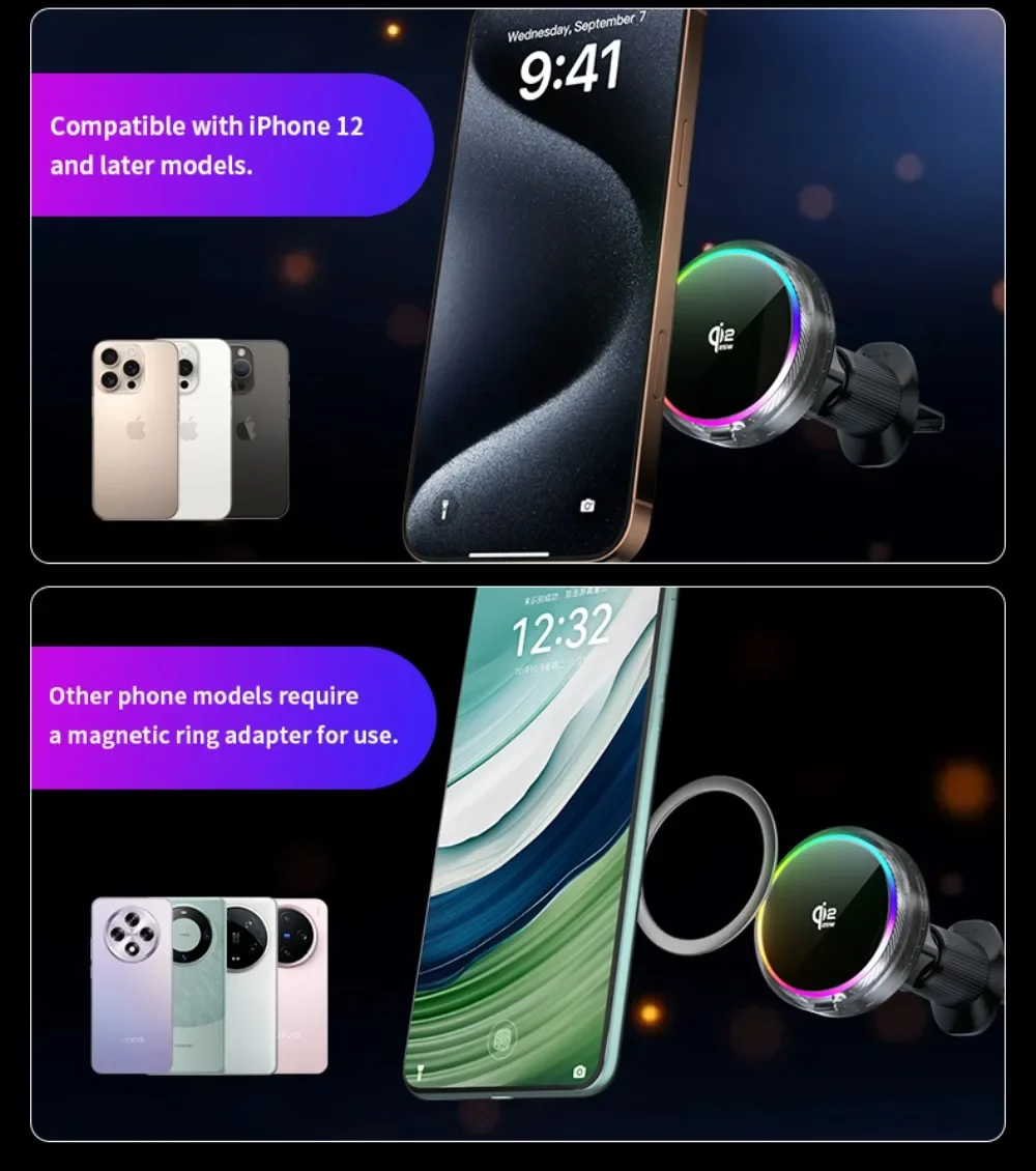 Luftgekühltes Auto-Qi2.2 25W Magnetisches Kabelloses Ladegerät mit RGB-Licht und Telefonhalterung für Magsafe iPhone 17 16 Pro Max Schnellladehalterung – Detail 5