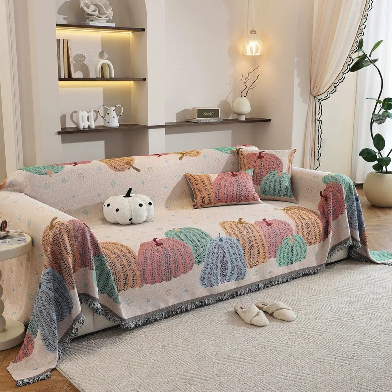 Pumpkin Pattern Sofa Cover Throw for All-Seasons Anti-Skid Couch Protector Stretchable Sofa Blanket for Living Room Home Decor