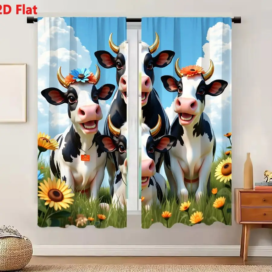 2Pcs Curtains 2D Flat Digital Illustration of Four Cheerful Holstein Cows with Black White Spots Golden Horns Pink Noses in Sunl