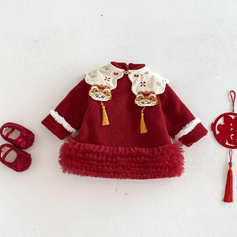 Girls' Retro New Year's Clothing 2025 New Winter Children's Festive Tiger Head Tassel Cotton Dress Baby Skirt