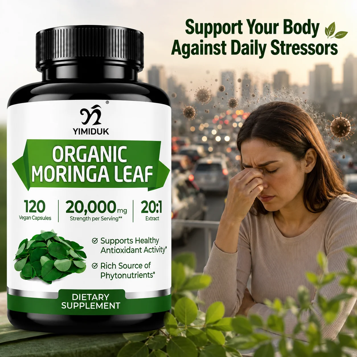 Organic Moringa Leaf Vegan Capsules, for Healthy Cellular Antioxidant Activity, Support Immune, Cardiovascular Health