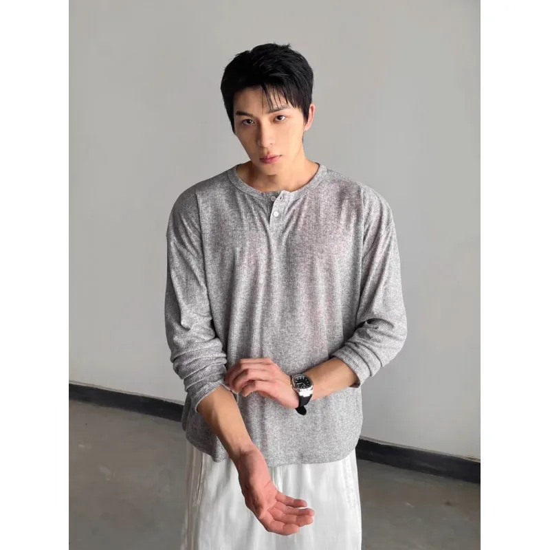 Long Sleeve Ice Silk Cotton Linen Sun Protection T-Shirt Men's Summer Loose Fit Henry Collar Oversized Casual Style Top