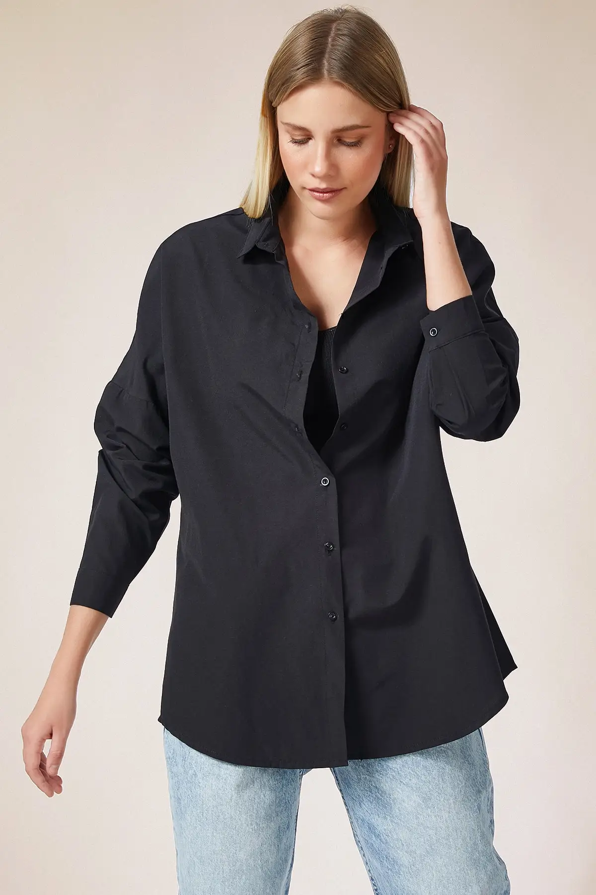 Women Black Oversize Long Basic Shirt