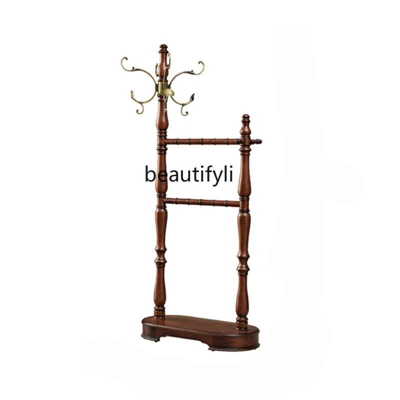 American-Style Solid Wood Coat Rack Simple Retro Double Row Clothes Rack Living Room Entrance Laundry Rack Bedroom