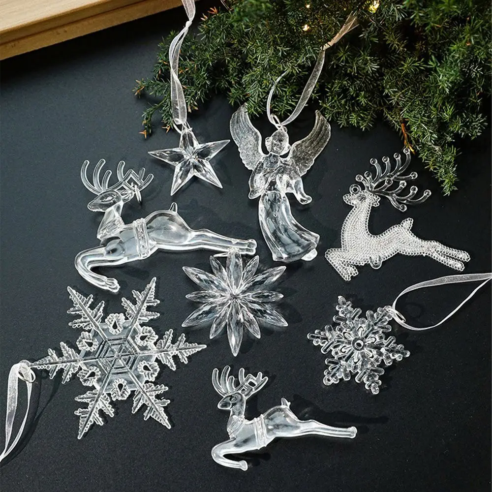 Acrylic Christmas Snowflakes Pendants Exquisite Pentagram Elk Transparent Icicle Ornaments Handmade DIY Xmas Tree Ornaments