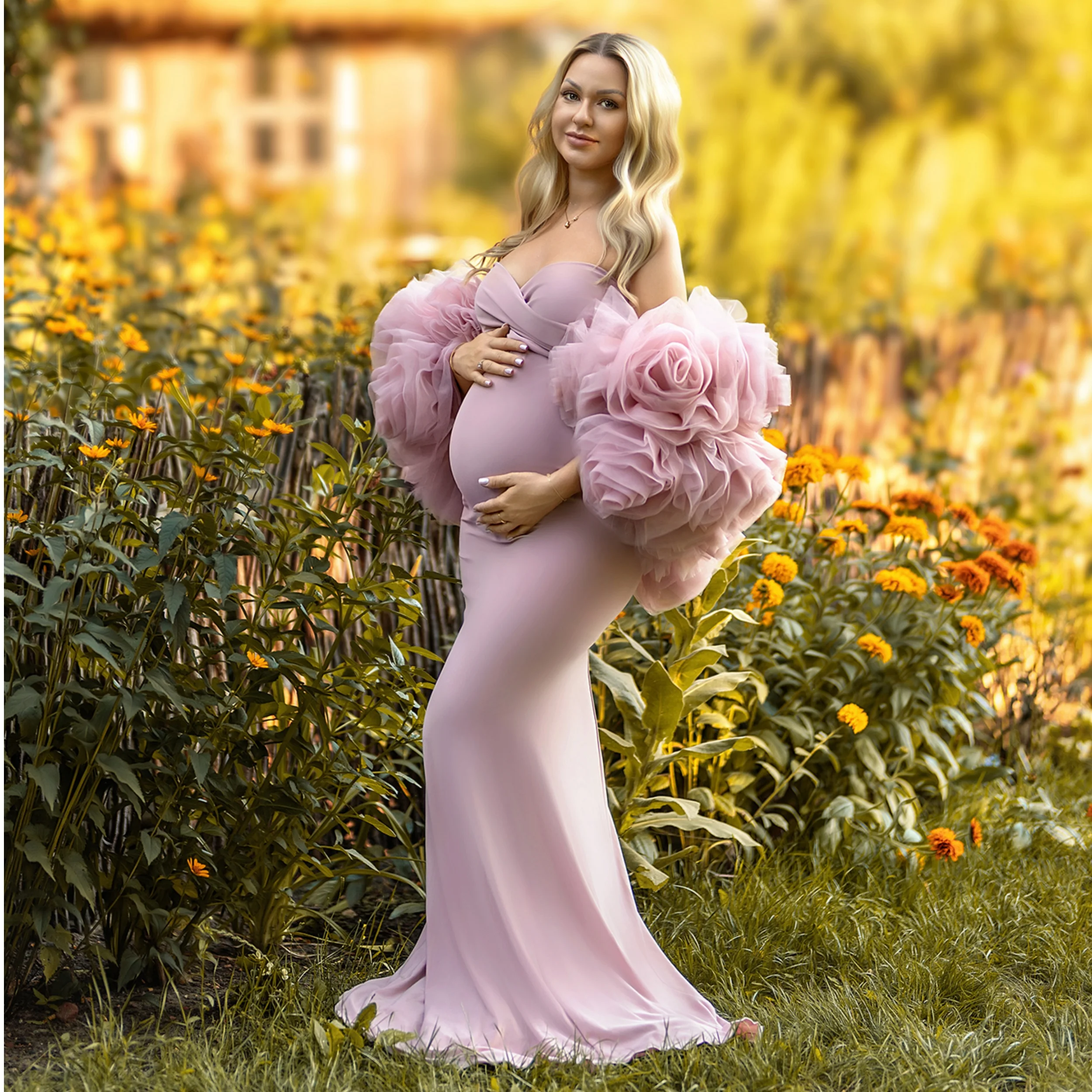 

Pink Mermaid Maternity Dress 3D Floral Cape Women Gala Gown Customized Sweetheart Floor Length Pregnant BabyShower Gowns