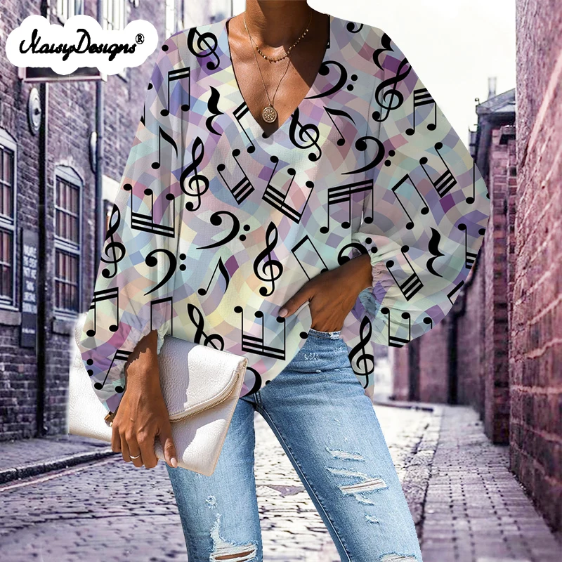 Noisydesigns Custom Womem Large Size Blouse Musical Notes Print Casual Girls Loose Long Sleeve Shirt Tops V-neck Dropshipping