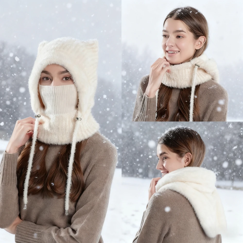 Trendy Soft Knitted Cat Ear Balaclava with Adjustable Drawstrings Plush Lining Metal Fasteners for Winter Warmth Fashion Style
