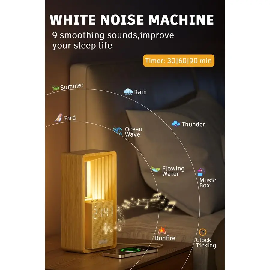 ساعة منبه مع ضوء WakeUp آلة صوت منبه مزدوج مع شاحن USB، 9 أصوات نوم، ضوء ليلي، شاشة عكس الضوء، توقيت تلقائي