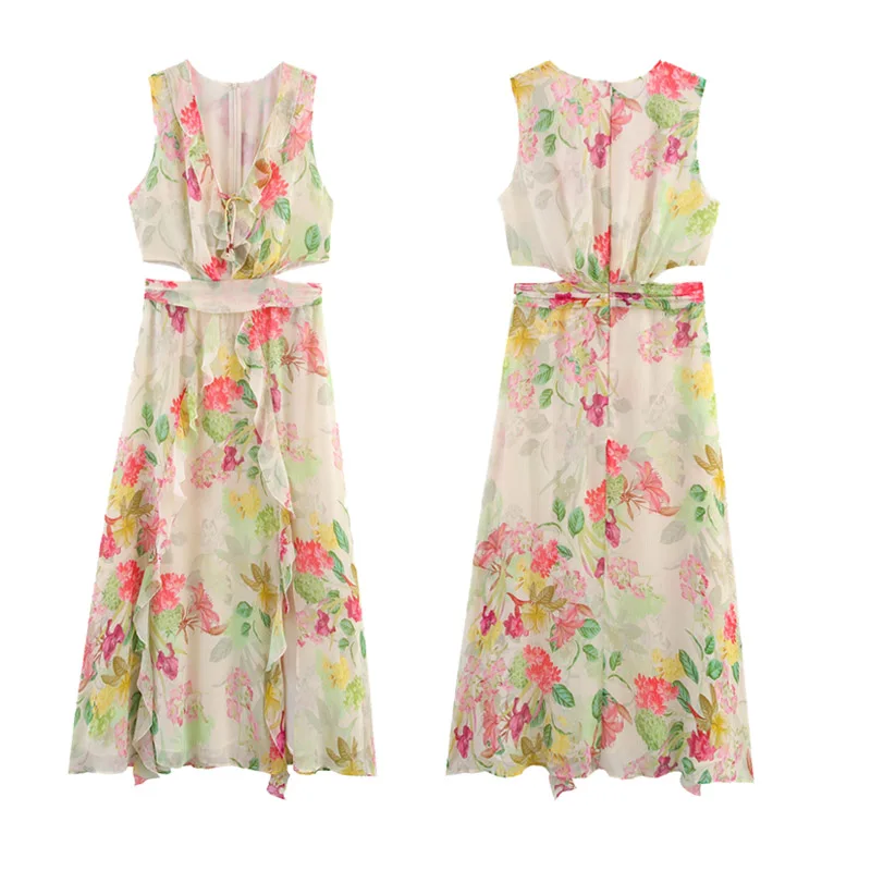 2025 novo verão feminino com decote em v sem mangas estampa floral design aberto maxi vestido praia vestidos de férias