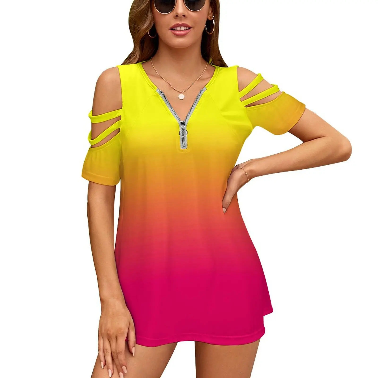 Neon Pink And Neon Yellow Ombré Shade Color Fade Women'S T-Shirt Summer Fashion Print Floral V-Neck Zipper Tshirt Hollow