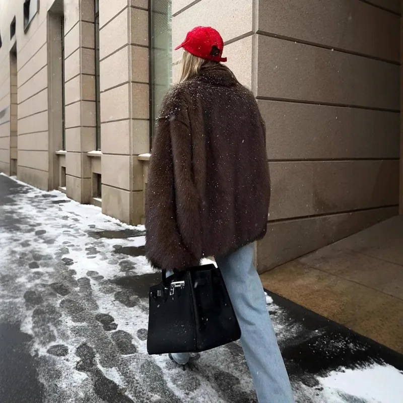 Women's Winter Tops Coat Faux Fur Flip Lapel Warm Thickened Vintage Simple Comfortable Loose Leisure Soft Niche Versatile Skinny