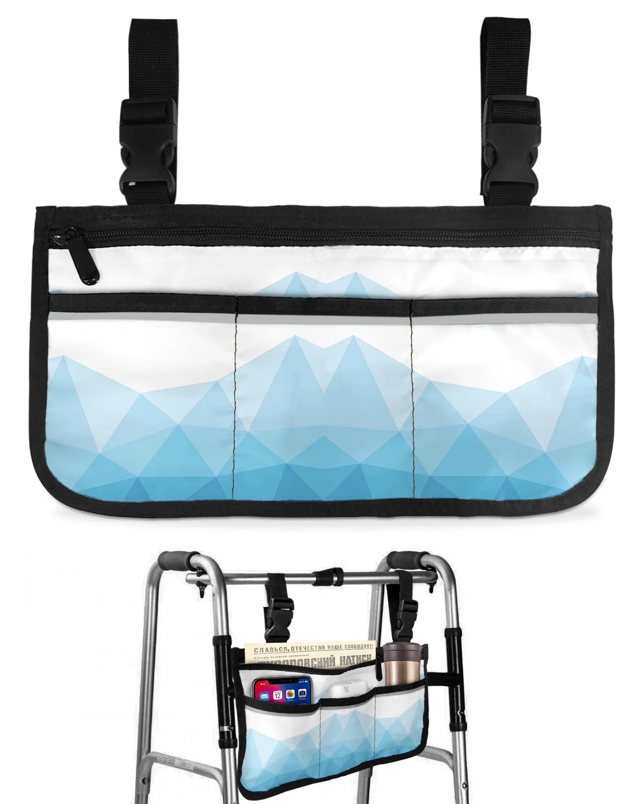 Geometric Mosaic Triangle Blue Gradient Wheelchair Bag Armrest  Side Bags Electric Scooter Walking Frame Storage Pouch