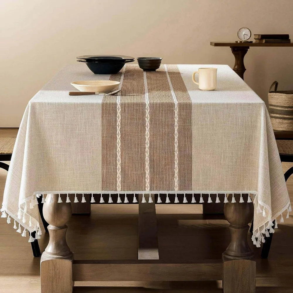 

Brown Farmhouse Style Heavy Weight 60x120 Inch Linen Tablecloth with Contrast Edges