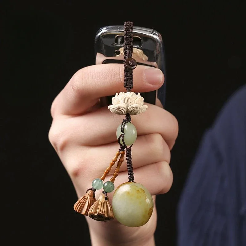 

Natural Hetian Jade with Shape Jade National Tide Car Key Ring Lotus Peach Wood Lotus Seedpod Mobile Phone Charm