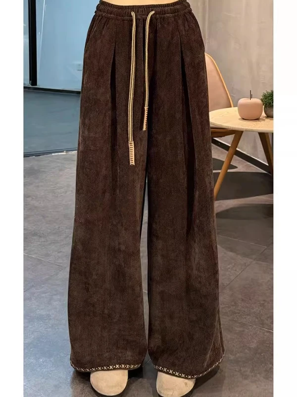 

Ретро-брюки с высокой талией и широкими штанинами, на резинке и со шнурком, повседневные, свободного кроя, женские, больших размеров, прямые, в пол