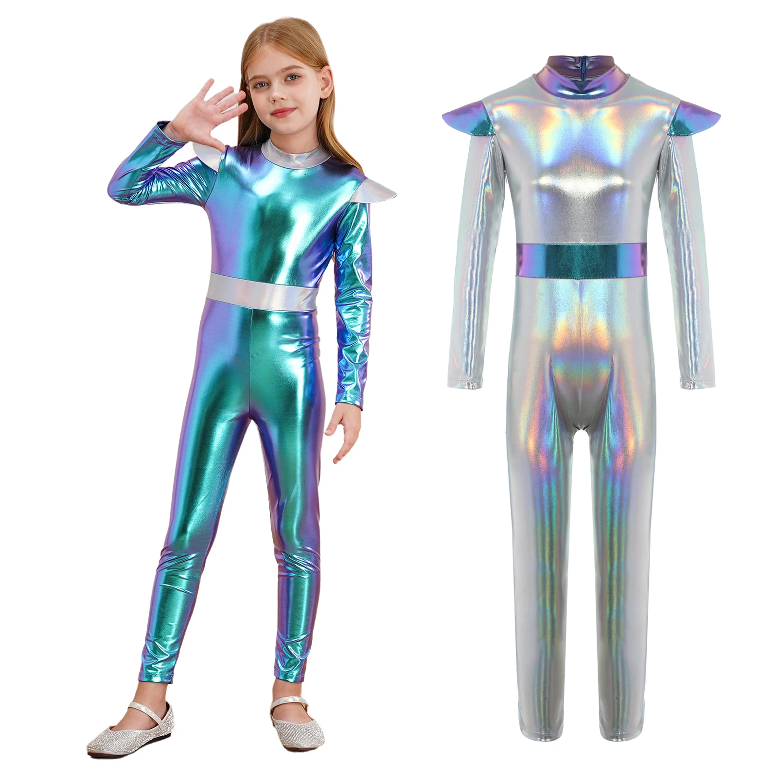 Dziewczęcy Błyszczący Metaliczny Kostium Halloweenowy Alien Kosmos Cosplay Bez Rękawów/Długi Rękaw Kombinezon Przebranie na Imprezę Świat Przyszłości