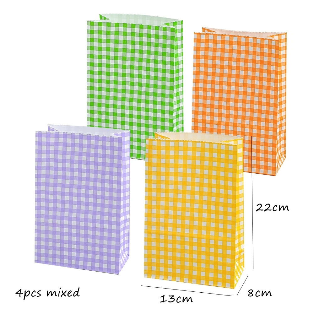 1set Plaid Disposable Tableware Colorful Checkered Paper Napkin Candy Bags For Easter Spring Birthday Party Decoration Supplies