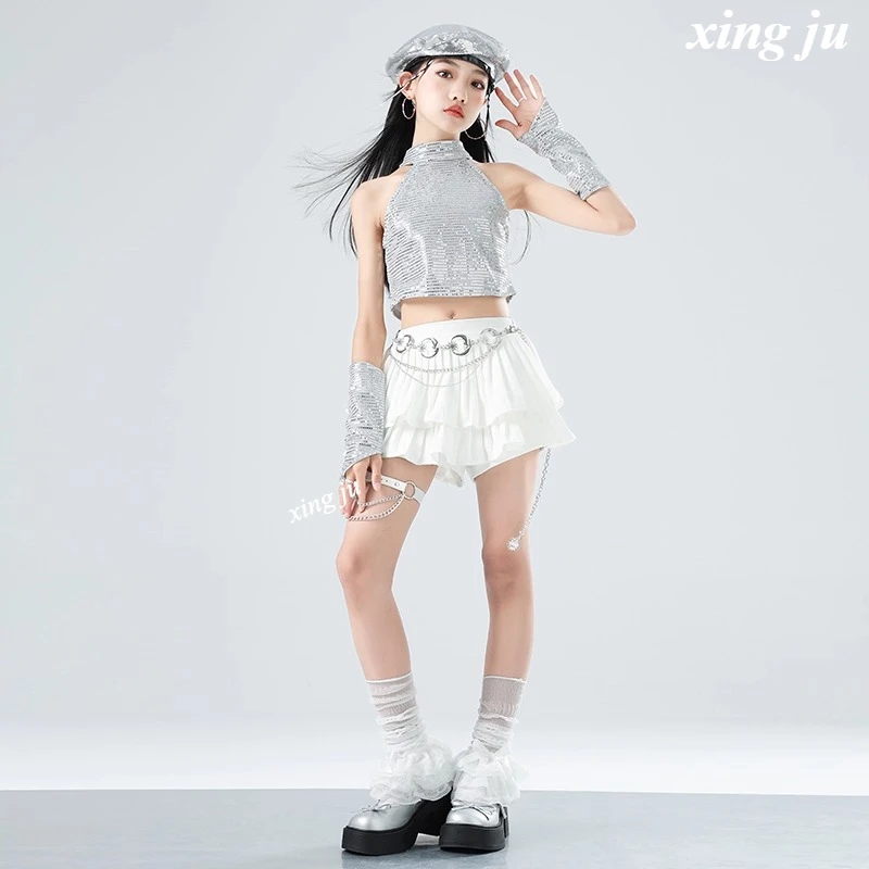 Gonna bianca per bambini Abbigliamento Hip Hop Costume jazz per bambini Ragazze Danza di strada Paillettes argento Halter Top Abiti per spettacoli teatrali