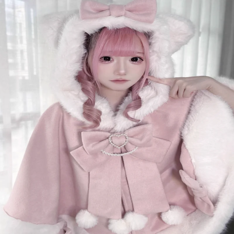 الفتيات الحلو لوليتا الخريف الشتاء مقنعين عباءة اليابانية لطيف القوس الرؤوس العباءات Y2K أفخم الدافئة سترة قصيرة سيسي تأثيري حلي #5