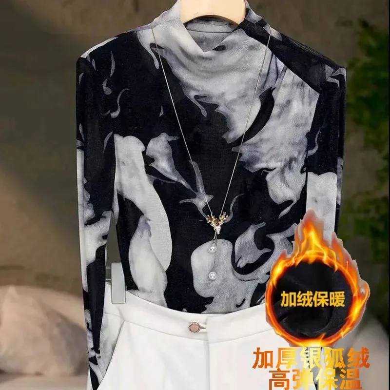 

Long-sleeved Mesh Bottoming Shirt for Women New Autumn High-end Stretch Pullover Printed Slim Top for Inner Wear and Outer Wear