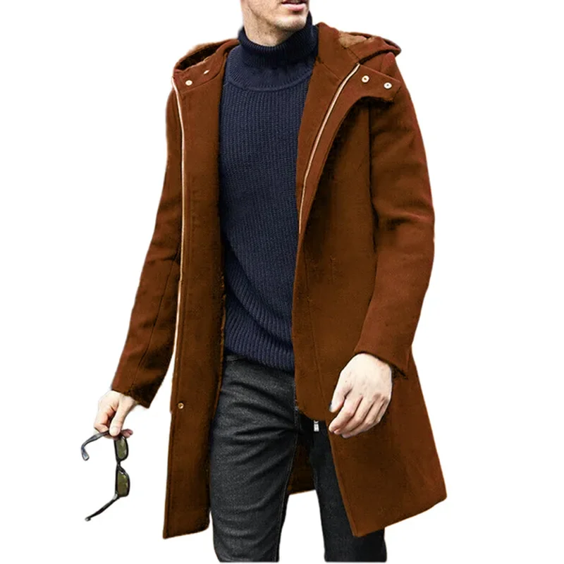 2024 New Product. European and American Men's Autumn and Winter Casual Mid-length Woolen Overcoat with Hood and Double-breasted.