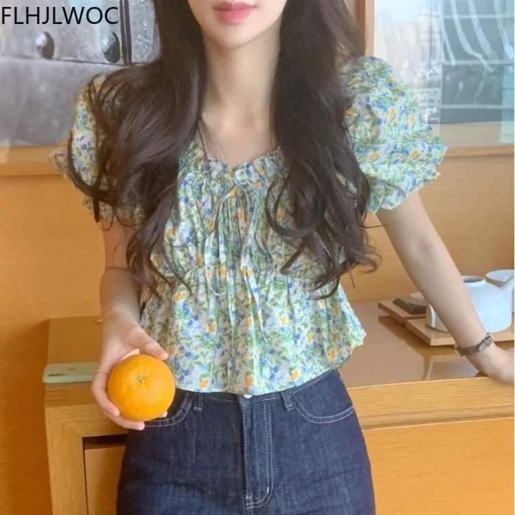 2021 Summer Korea Chic Tops Blusas Fashion Flhjlwoc Design Short Crop Peplum Floral Print Sexy Off Shoulder Women Blouses