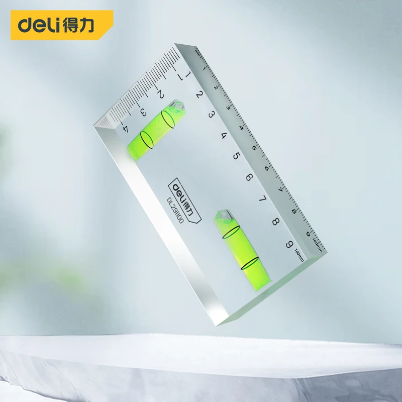 Deli 1 Pcs 100mm Transparent Level Ruler Acrylic 1mm/m High Precision 2 Horizontal Bubbles Design Multifunction Measuring Tool