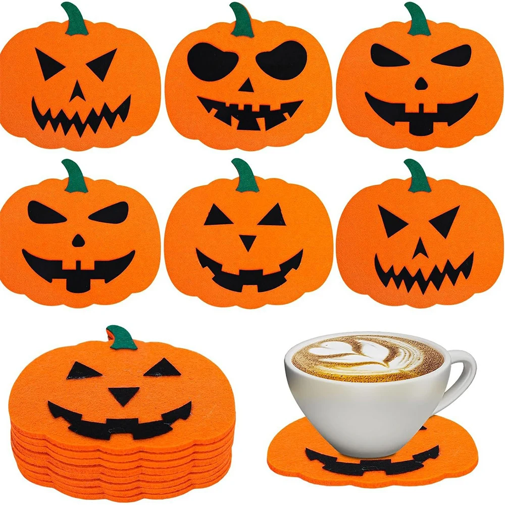 6PC/set Halloween Felt Coasters Pumpkin Shaped Heat Resistant Cup Mat for Home Party Halloween Tabletop Decor Modern Cute Mats