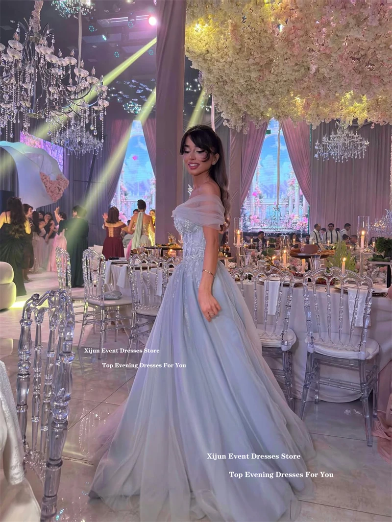 Xijun Blue Princess Long Evening Dresses Tulle Beads Appliqués Off The Shoulder Prom Dresses A-Line Corset Prom Gowns Customized