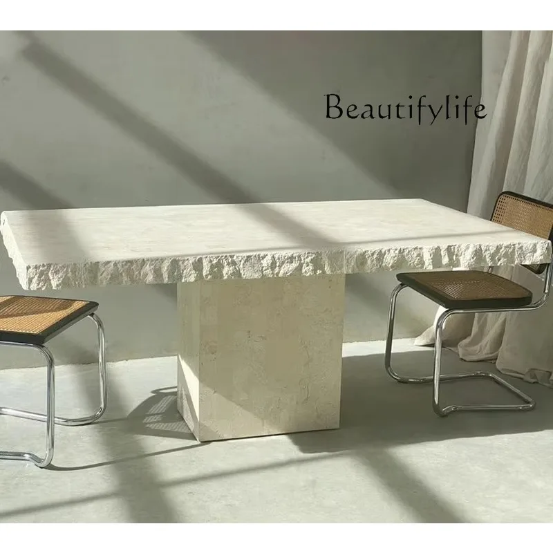 

Обеденный стол X Travertine Wabi Sandy Wind с поверхностью из натуральной шерсти, элитный прямоугольный стол с эффектом битого мрамора