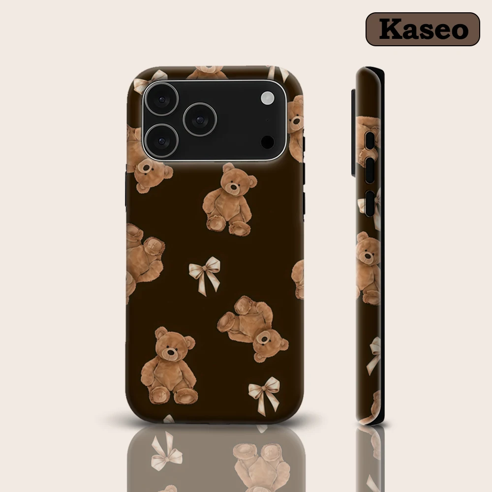 Vintage Teddy Bear & Bow Elegance IPhone17 Phone Case for 16 15 14 Plus 13 12 11 Pro Max Shockproof Double Layer Back Cover
