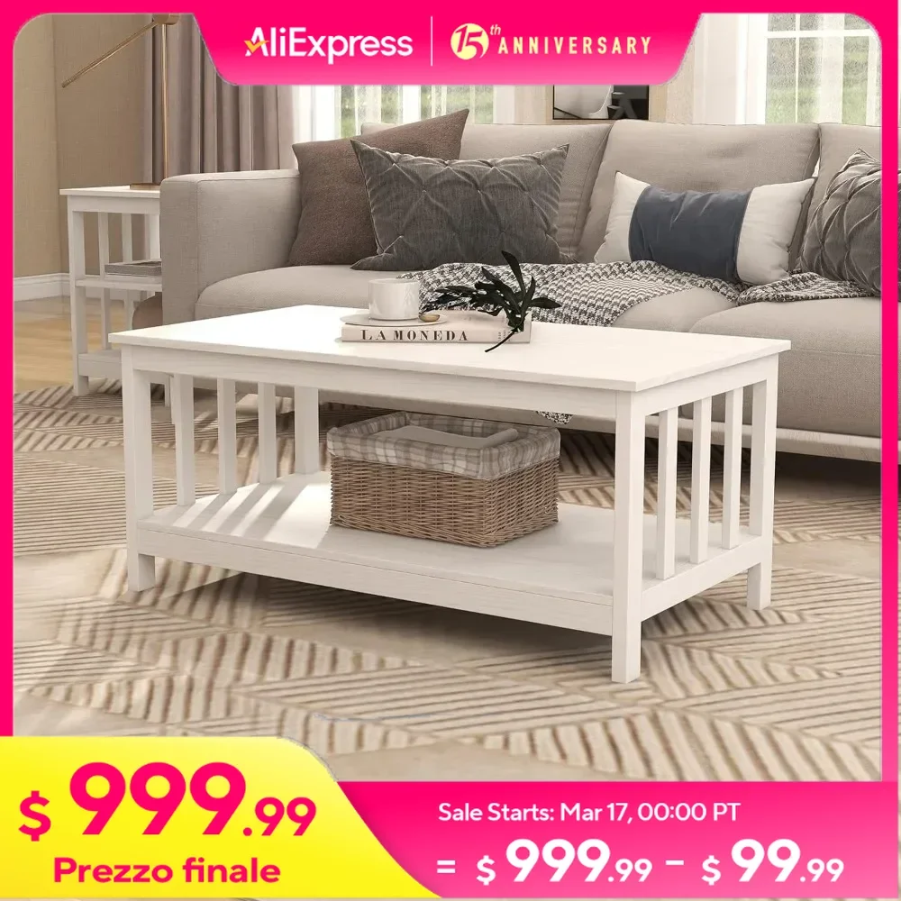 

Farmhouse Coffee Table, Pure White Living Room Table with Shelf, 40 Inch, spacious surface, easy to assembly free shipping