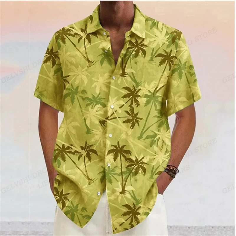 Camisa de manga curta masculina havaiana de coqueiro lapela, blusa floral, gola virada, roupas masculinas, moda verão