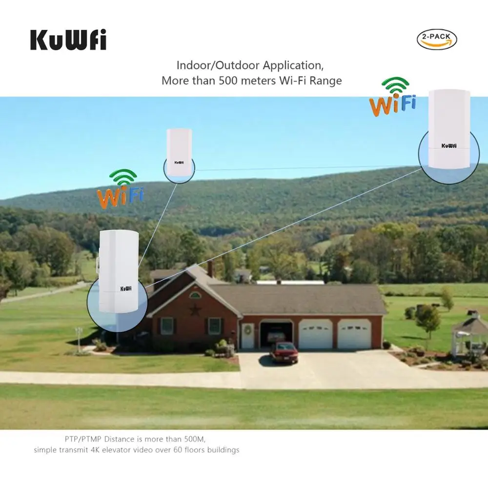 KuWFi-enrutador Wifi para exteriores, 2,4G, repetidor de puente inalámbrico de 300Mbps, extensor de largo alcance, punto a punto, cobertura Wifi de