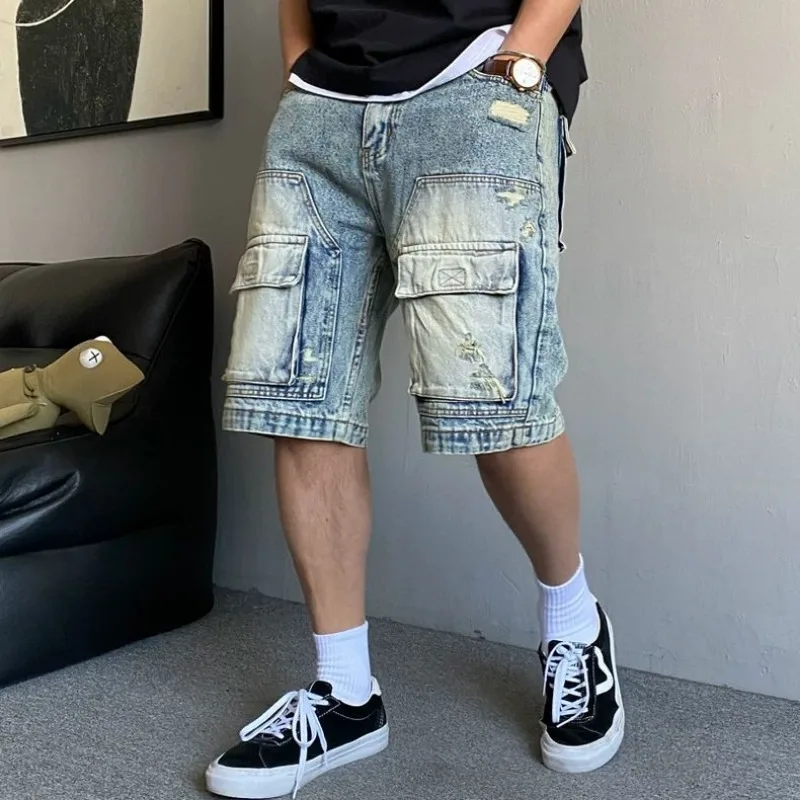 Mens Vintage Washed All Over Paisley Print Multi Pocket Cargo Denim Bermuda Shorts