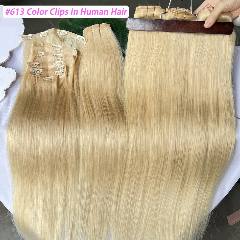 

#613 Blonde Color Straight PU Weft Seamless Clips in Human Hair Extensions Invisible 100grams 7Pcs/Set Full Head Virgin Hair