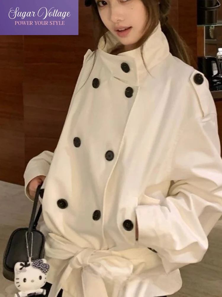 

Autumn New Streetwear Fashion Short Coats Women Slim Fit Double Breasted Stand Collar Jackets Vintage Elegant Office Casual Tops