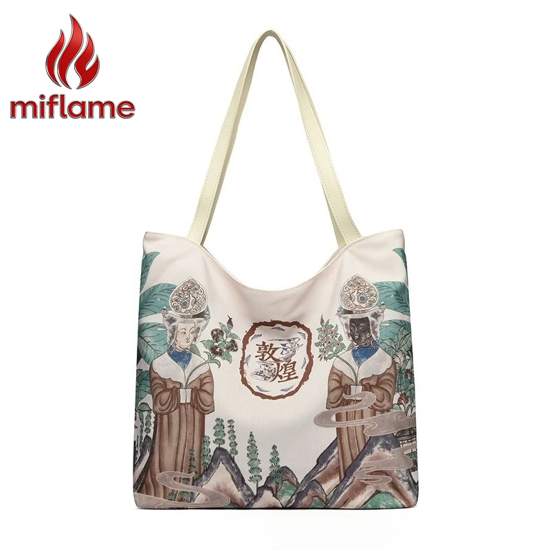 Women's Canvas Shoulder Tote Bag with Large Capacity and Zipper Ethnic Folk Ink Print Vintage Travel Work Daily Shopping