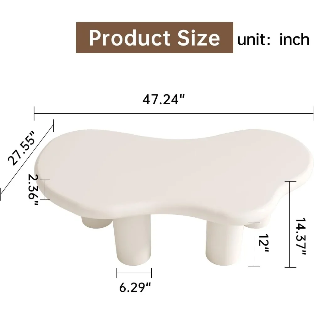 독특한 거실 짧은 커피 테이블, 47.42 인치 클라우드 커피 테이블, 크림 스타일, 귀여운 센터 테이블, 세련된 불규칙한 모양, 3 다리