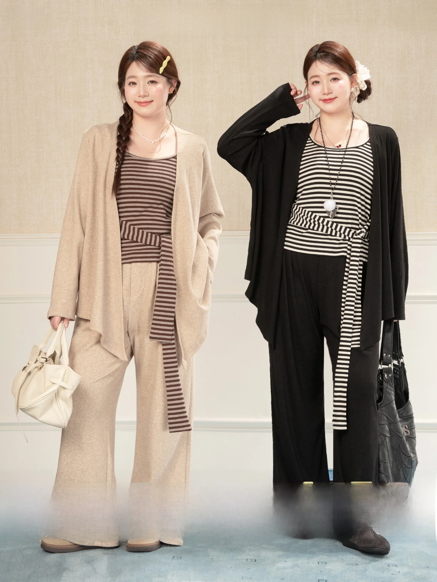 

Heynew plus Size Women's Korean Sle Long Sve Open Cardigan Vest Casual Striped Tee Piece Set Comfortable Casual Wear